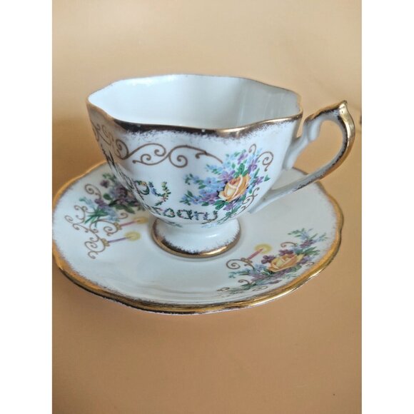 Vintage Queen Anne England Tea cup and saucer set Happy Anniversary - Picture 3 of 16